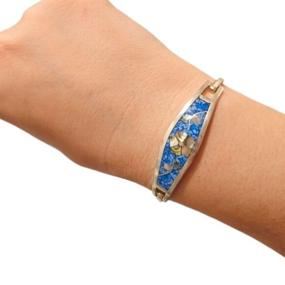 Vintage Alpaca Mexico Silver Blue Abalone Shell Mother-of-Pearl Flower Bracelet - Picture 3 of 14